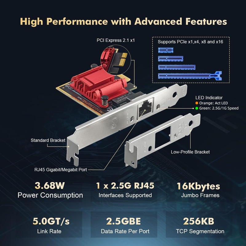 Binardat 2.5G PCIe Network Adapter, RTL8125B 2500/1000/100Mbps Ethernet Card RJ45 LAN Controller Support PXE for Windows/Linux/Mac - Image 4